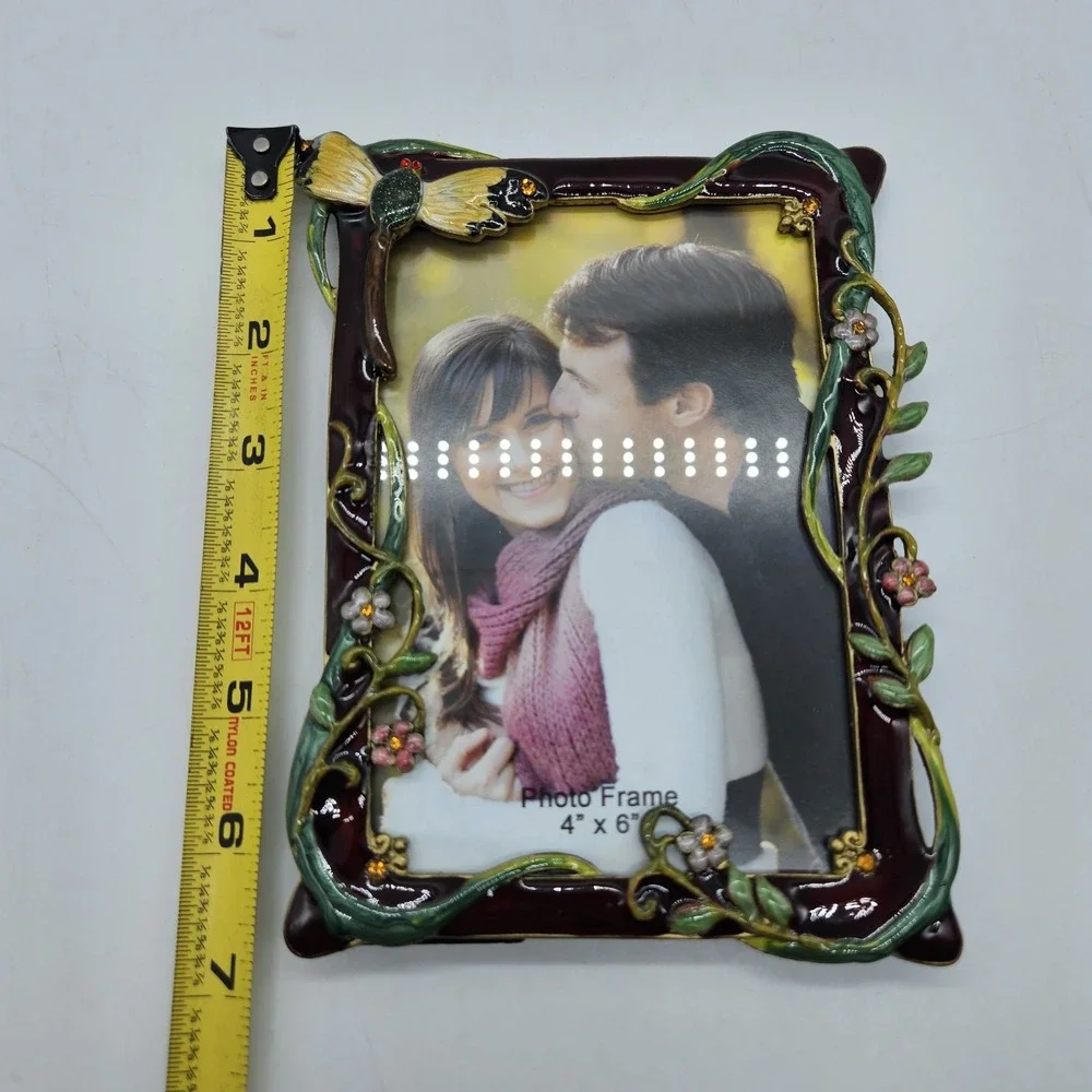 Jeweled Picture Frame Purple 3D Dragonfly Flower Floral Gemstone Enamel 4x6